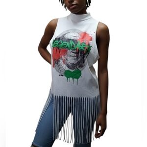 Legendary Graphic Fringe Tank Top - White with Red and Green Accents